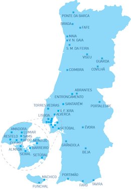 Mapa de todos os centros de diálise da  NephroCare em Portugal